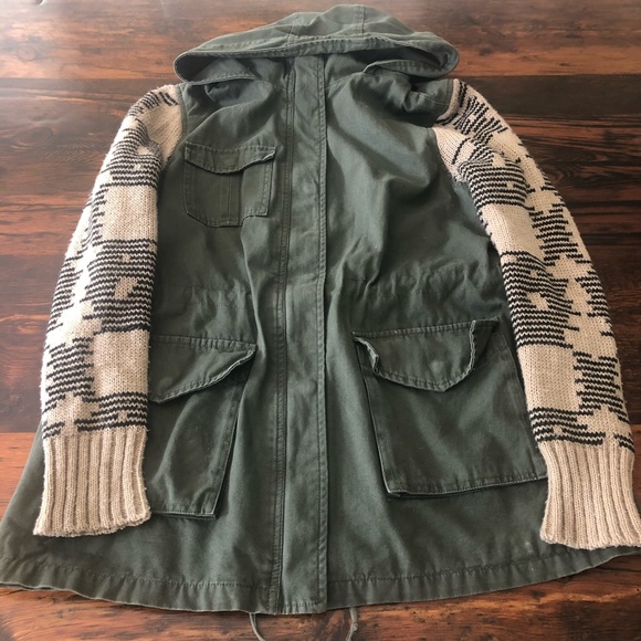 Army Green Jacket with Knit Sleeves and Hood - Picture 2 of 6